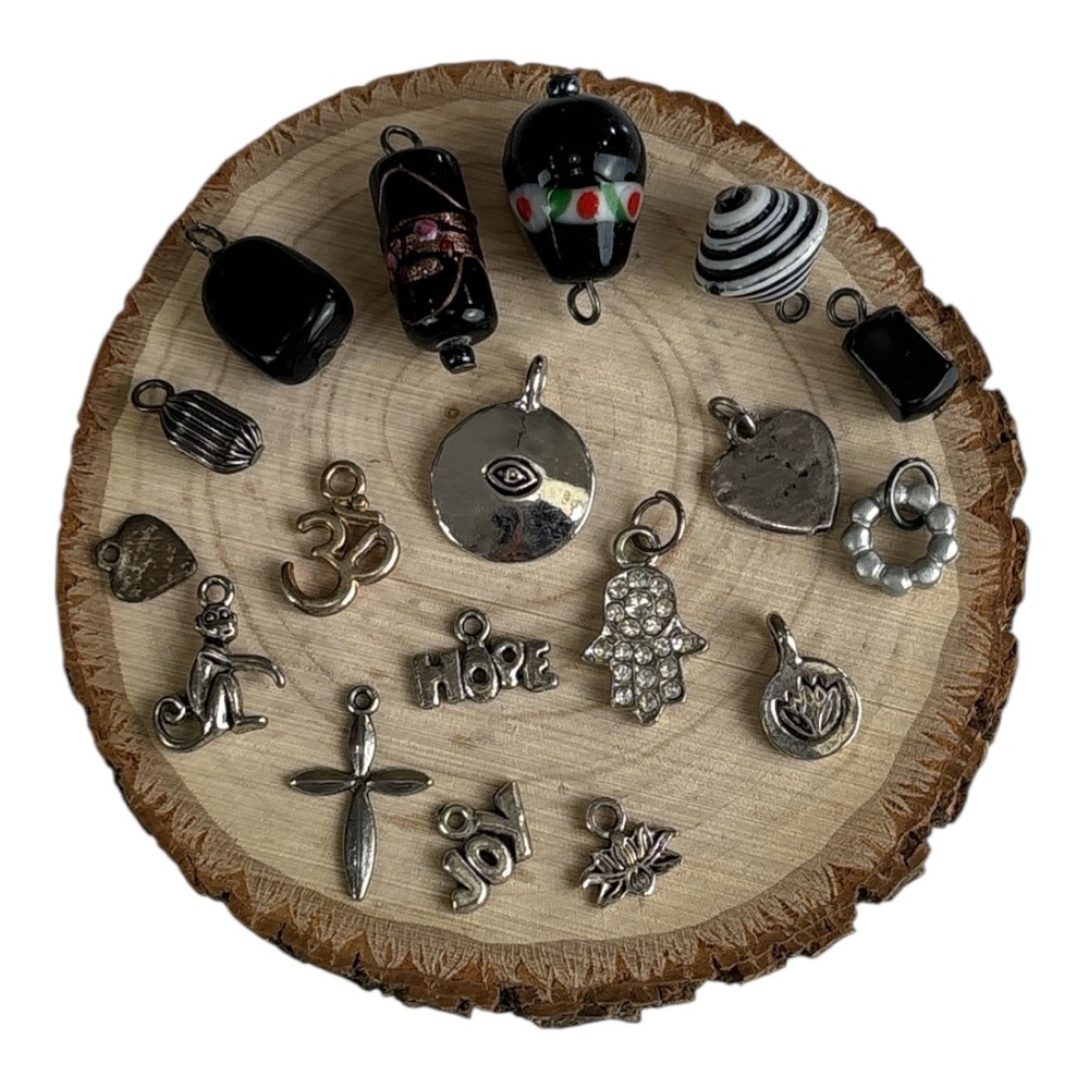 Bohemian hippie gypsy Gemstone lampwork Silver and Black Charm pendant Set of 18